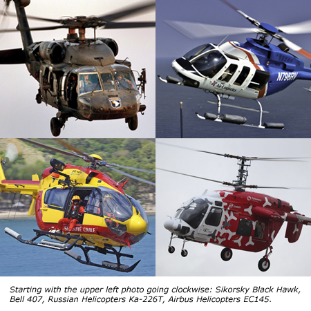 Upper left clockwise: Sikorsky Black Hawk, Bell 407, Russian Helicopters Ka0226T, Airbus Helicopters EC145