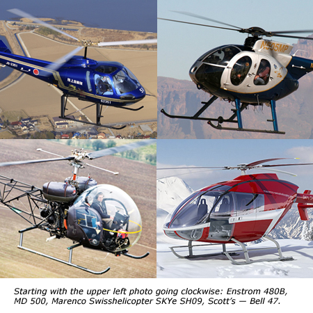 Upper left then clockwise: Enstrom 480B, MD Helicopters MD 500, Marenco Swisshelicotper SKYe SH09, Scott's — Bell 47.